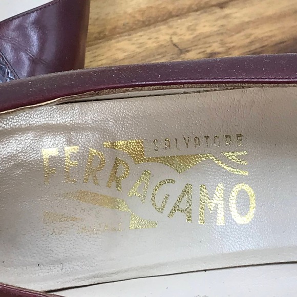 Salvatore Ferragamo Pumps Womens 8.5 N Burgundy Red Leather Peep Toe Heels Shoes - Picture 5 of 10